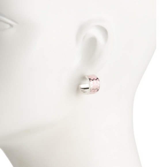 🩷COACH Signature Enamel Huggie Earrings / Silver & Pink - Picture 3 of 8